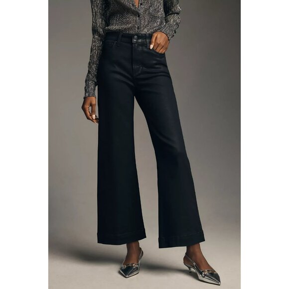 PAIGE Anessa Coated High-Rise Crop Wide-Leg Jeans BLACK FOG 26 - Picture 1 of 4